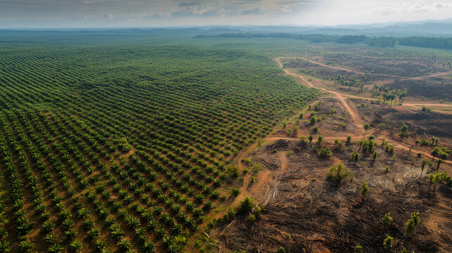 Environmental Contrast: Palm Oil Plantation and Deforested Land