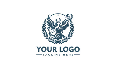 A winged goddess, holding a staff, encircled by a laurel wreath, forms a sophisticated logo design.