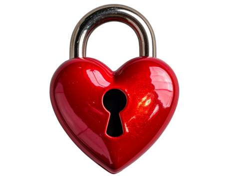 Top-Down View of Red Heart Lock with Open Shackle, Isolated