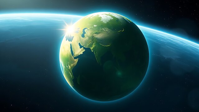 Lush green planet floating in space with a glowing atmosphere, depicting cosmic beauty.