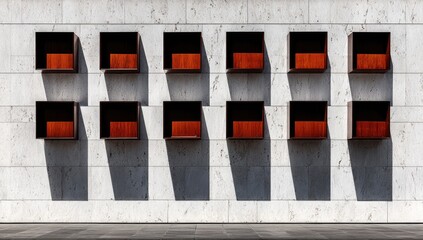 Geometric design of recessed squares on a light-colored wall.