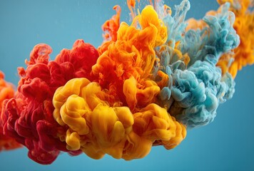 Abstract shot of vibrant red, orange, yellow, and blue inks swirling together in clear water against a bright cyan background