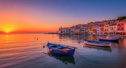 Colorful Coastal Village with Boats During Sunset in Vibrant Sky and Calm Water