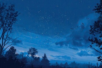 Fototapeta premium Silhouetted trees against a twilight, starry sky