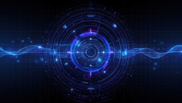 Intricate digital graphic design featuring a central circular interface with concentric circles and glowing lines, complemented by a flowing wave pattern, creating a futuristic and technological...