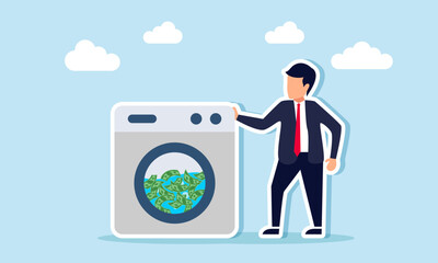 Businessman standing near a washing machine with money illustration of money laundering concept
