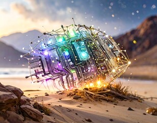 Glittering circuit sphere rests on a sandy beach