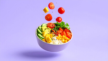 Vibrant Culinary Delight: A bowl bursts with a colorful array of fresh, healthy ingredients in a stunning, eye-level shot, capturing the essence of a wholesome meal.