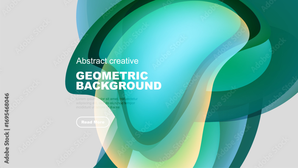 Poster abstract geometric background features overlapping fluid shapes. teal, green, yellow hues create dyn