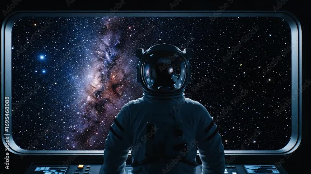 Poster Astronaut in White Spacesuit Gazing at Milky Way from Spaceship Window