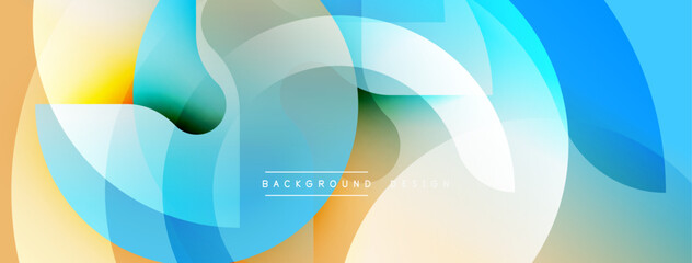 Abstract geometric shapes overlap, creating vibrant color gradients. Soft blues, oranges, yellows blend seamlessly. Modern design element.