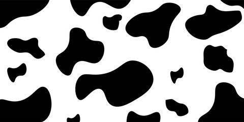 Cow seamless pattern. Vector long abstract background with repeated hand drawn black stains on a white background. Monochrome texture
