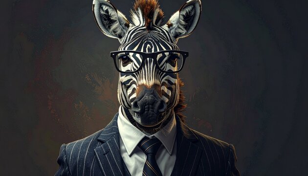 A whimsical image featuring a fashionable zebra wearing glasses and a suit. Representing a humorous and charming take on anthropomorphism in a playful and colorful manner. Detailed high quality image.