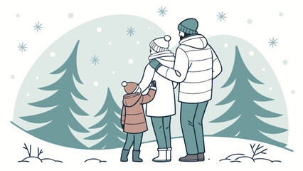 Family enjoying a winter walk among snowcovered trees