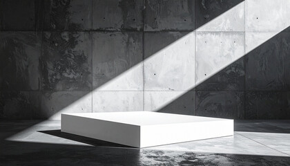 Geometric Display: A stark, modern presentation with a minimalist aesthetic. A white, rectangular platform sits center stage, illuminated by a dramatic shaft of light cutting through the rough.