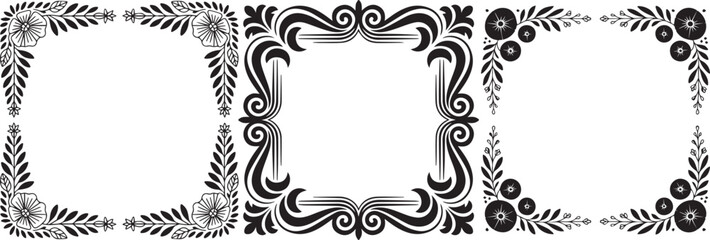 Set of black and white ornamental square frames with floral and abstract decorative borders, perfect for invitations, greeting cards, certificates, retro templates, and elegant design projects.