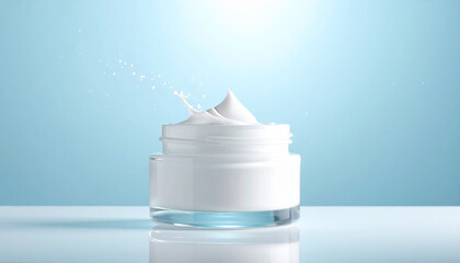 Cream Splash of Serenity: A single jar of luxurious cream reveals a dynamic splash against a clean, vibrant backdrop. It evokes feelings of freshness, hydration, and purity.