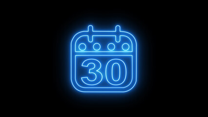 30 Days countdown neon calendar Vector Illustration. Glowing blue neon sign on black background. Announcement neon signboard. Trendy design elements.