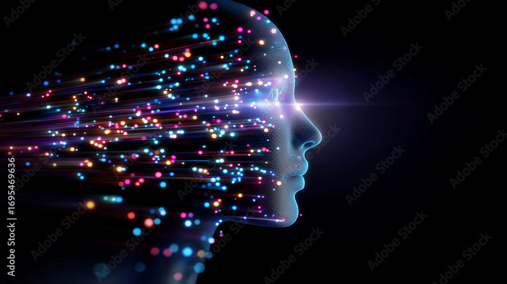 Poster abstract digital human face made of colorful light particles, futuristic ai visualization.