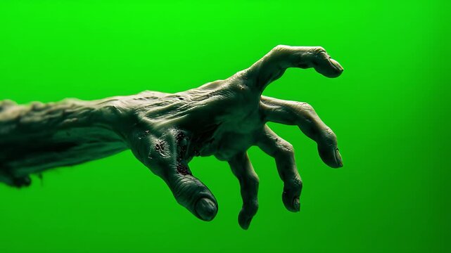 A creepy zombie hand with a green screen background