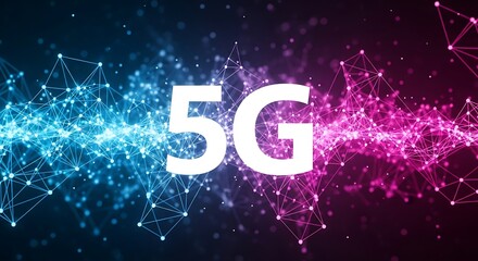 A futuristic illustration highlights the 5G network, showcasing a dynamic digital wave of interconnected points and lines, featuring vibrant blue and pink hues.