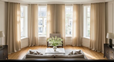 Bright Elegant Living Room with Large Windows and Cream Curtains in Modern Home