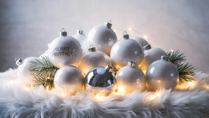 estive silver and white ornaments with pine and garland on cozy fur, place for message, concept of holiday card