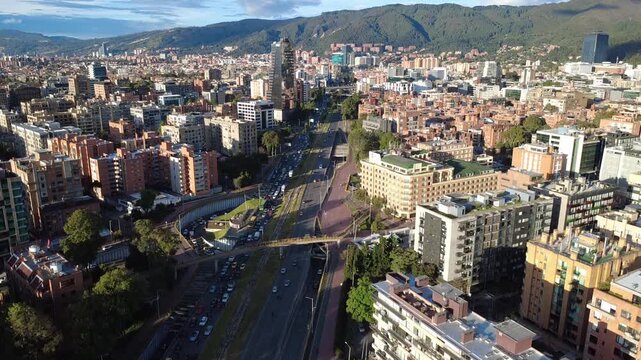 Aerial Drone View of Bogot&aacute; Skyline with Mountains in the Background