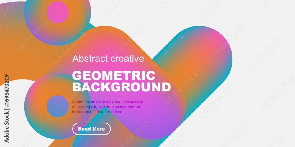 Aufkleber Vibrant abstract shapes overlap white space. Text promotes geometric background design, includes read more button. Modern, colorful composition.