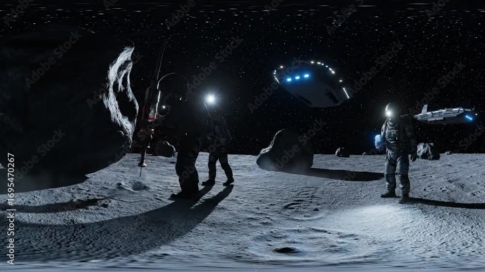 Poster Three Astronauts Exploring Lunar Surface with Spaceships Under Starry Sky