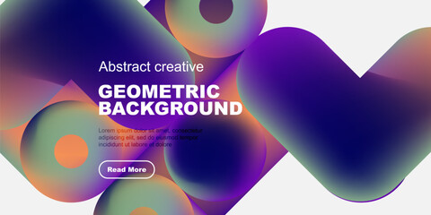 Vibrant abstract shapes overlap, creating dynamic colorful background. Text promotes further exploration. Modern design elements present.