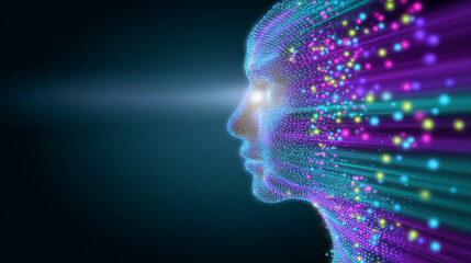 Abstract digital human face made of colorful light particles, futuristic AI visualization. 

