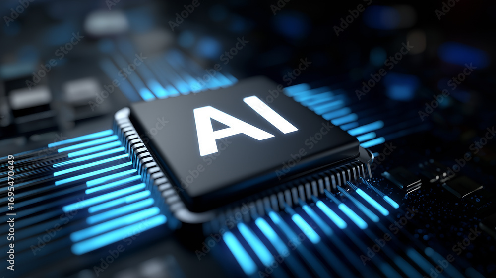 Aufkleber close-up of an ai microchip glowing on a circuit board, symbolizing artificial intelligence and adva