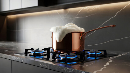 Copper pot with milk overflowing on gas stove, foam spilling over, concept of cooking accident