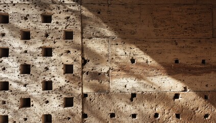 Beige stone wall with square perforations.