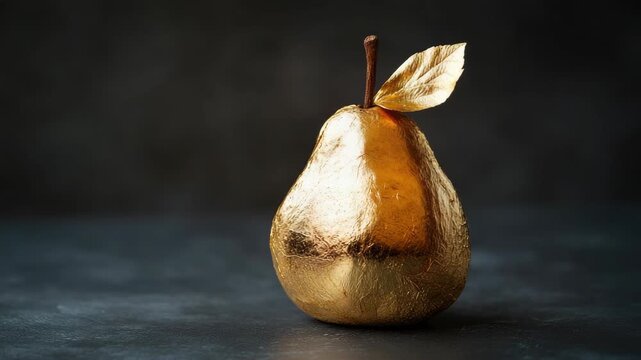 Shiny golden pear sculpture on dark background Luxurious decorative art piece