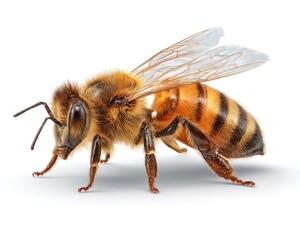 Close-up of a honeybee facing left with striped abdomen and translucent wings against a white background