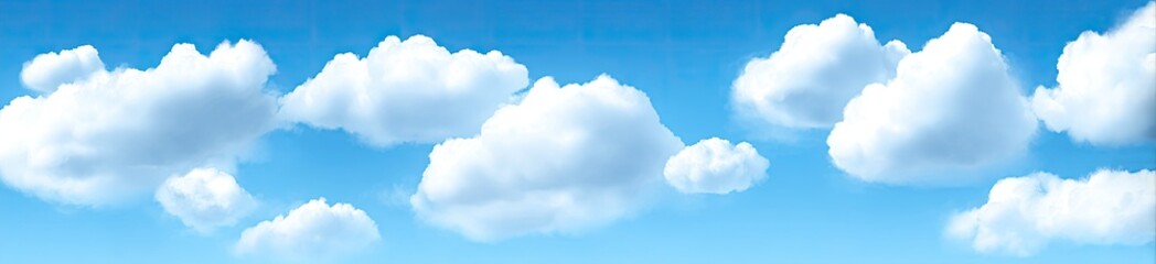 A wide shot of a vibrant blue sky dotted with fluffy white cumulus clouds