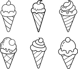 Collection of ice cream cone line art, black outline, vector and illustration