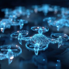Many transparent drones hover in a dark, blurred background