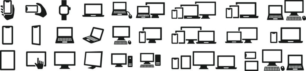 Electronic device icons, silhouette set, smartphone, tablet, laptop, desktop, smartwatch, digital gadget, black vector, tech symbol, user interface design
