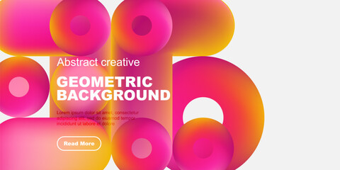 Vibrant geometric shapes overlap, creating dynamic pink, yellow gradients. Text promotes design, invites exploration. Modern aesthetic.