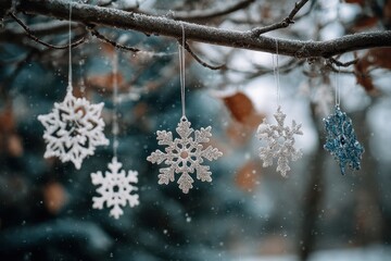 Sparkling Snowflake Ornaments on Frosted Winter Branch with Falling Snow