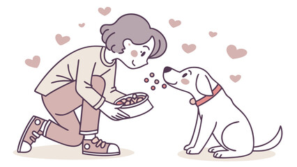 Naklejka premium Person feeding a happy dog with a bowl of food, surrounded by hearts