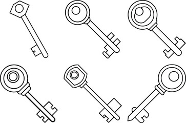 Set of key and keyway line art, black outline, vector and illustration