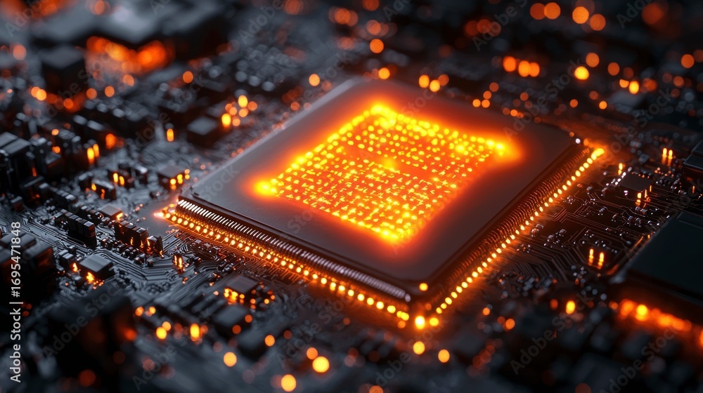 Poster glowing cpu on a circuit board, showcasing intricate detail and technological advancement