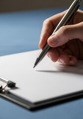 Hand holding pen writing on paper clipboard
