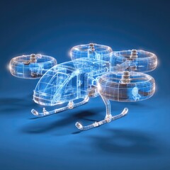 Transparent wireframe drone on a blue background