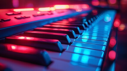Illuminated keyboard keys reflecting vibrant red and blue light