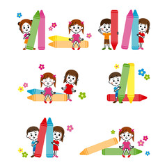 クレヨンと子供たちのイラストセット